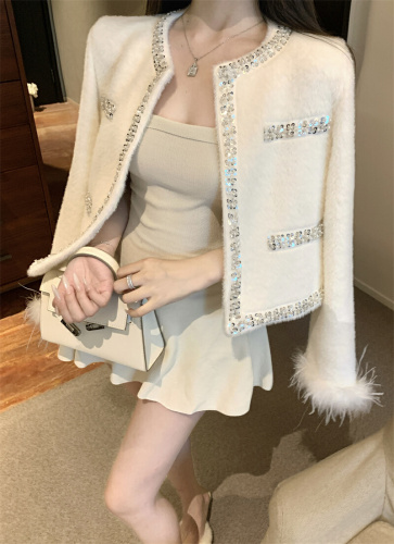 ~Hand-painted Light Luxury White Wool Blend Thickened Small Chanel Style Short Coat Winter French Style Fluffy Personality Overcoat