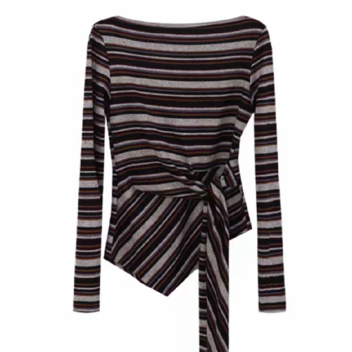Large size plus-size autumn new Korean style off-shoulder strap T-shirt with irregular stripes, slimming waist-length top