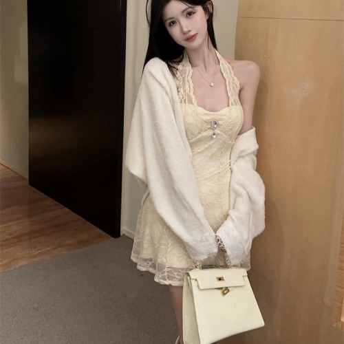 Photographed~ Pure Desire Style Sweet Short Skirt Waist Cincher Slimming Lace Sexy V-Neck Dress + Cardigan Set for Women