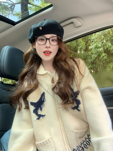 2025 Korean-style heavy industry handmade cute dolphin collar zipper knit coat thick outerwear temperament top