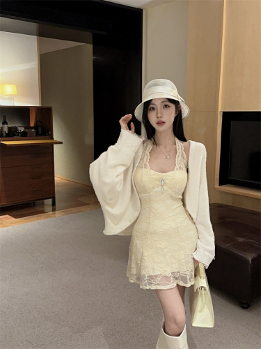 Photographed~ Pure Desire Style Sweet Short Skirt Waist Cincher Slimming Lace Sexy V-Neck Dress + Cardigan Set for Women