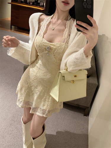Photographed~ Pure Desire Style Sweet Short Skirt Waist Cincher Slimming Lace Sexy V-Neck Dress + Cardigan Set for Women