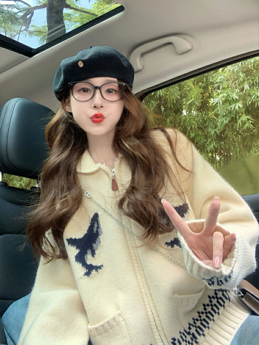 2025 Korean-style heavy industry handmade cute dolphin collar zipper knit coat thick outerwear temperament top
