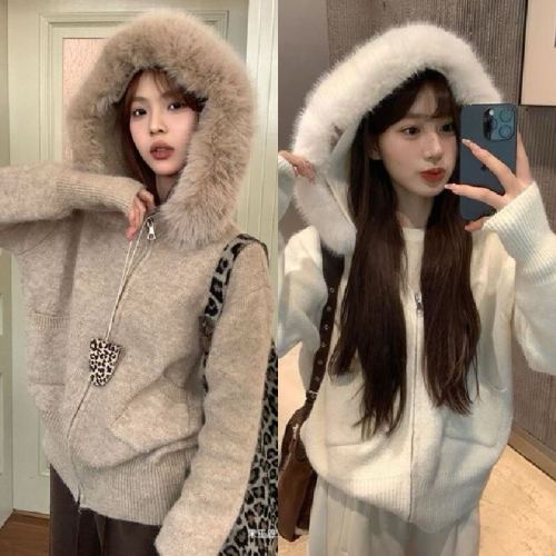 Leather Hooded Sweatshirt for Women - 2025 Autumn/Winter New Fashion Trendy Slimming Knit Cardigan Top