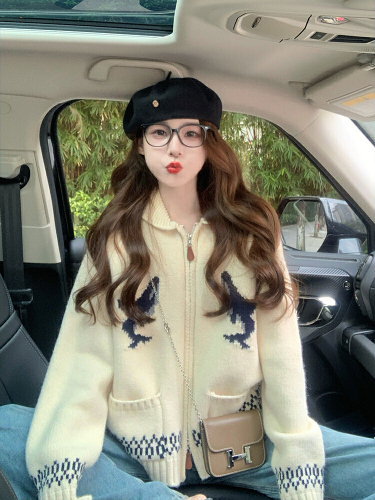 2025 Korean-style heavy industry handmade cute dolphin collar zipper knit coat thick outerwear temperament top