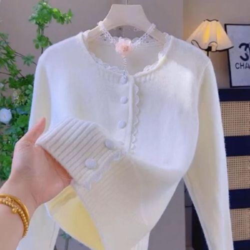 Sweet and Gentle Lace Edge Milk Texture Women's Spring and Autumn New Trendy Indie Stylish Knit Cardigan