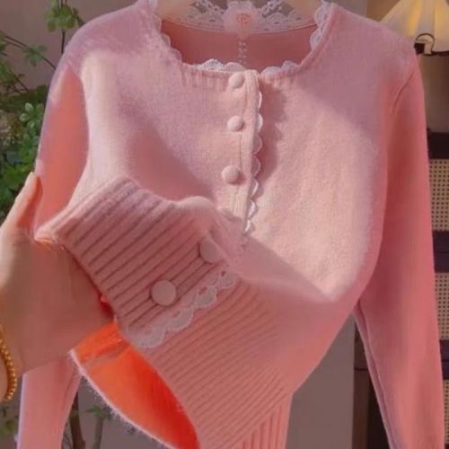 Sweet and Gentle Lace Edge Milk Texture Women's Spring and Autumn New Trendy Indie Stylish Knit Cardigan