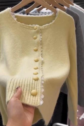 Sweet and Gentle Lace Edge Milk Texture Women's Spring and Autumn New Trendy Indie Stylish Knit Cardigan