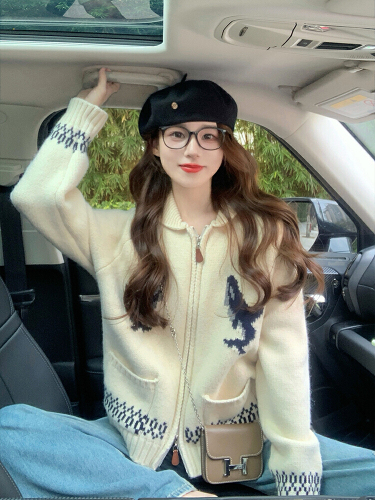 2025 Korean-style heavy industry handmade cute dolphin collar zipper knit coat thick outerwear temperament top