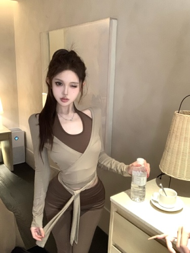 Shot Pure Desire Blouse with Neck Strap, Long Sleeve, Belted Open Top with Pajama Top + High-Waisted Casual Pants