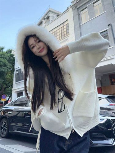 Leather Hooded Sweatshirt for Women - 2025 Autumn/Winter New Fashion Trendy Slimming Knit Cardigan Top