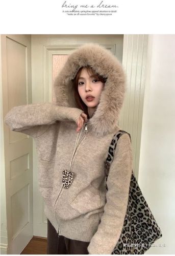 Leather Hooded Sweatshirt for Women - 2025 Autumn/Winter New Fashion Trendy Slimming Knit Cardigan Top