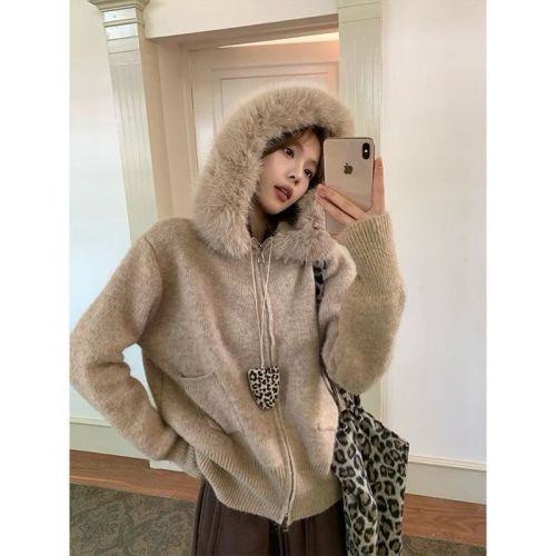Leather Hooded Sweatshirt for Women - 2025 Autumn/Winter New Fashion Trendy Slimming Knit Cardigan Top