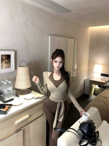 Shot Pure Desire Blouse with Neck Strap, Long Sleeve, Belted Open Top with Pajama Top + High-Waisted Casual Pants