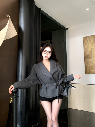 ~Hand-painted Deep Gray Alpaca Wool Women's Autumn/Winter Small Collar Thick Wool Long-Sleeve Top