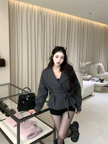 ~Hand-painted Deep Gray Alpaca Wool Women's Autumn/Winter Small Collar Thick Wool Long-Sleeve Top