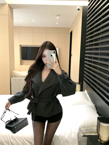 ~Hand-painted Deep Gray Alpaca Wool Women's Autumn/Winter Small Collar Thick Wool Long-Sleeve Top