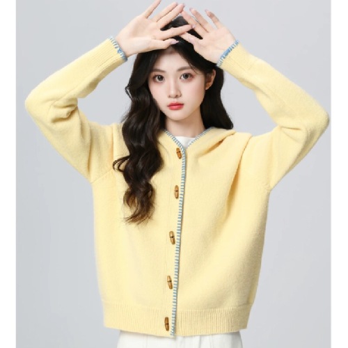 Yellow Hooded Knit Cardigan for Women 2025 Autumn New Loose Casual Style Cowhide Button Sweater Jacket Top