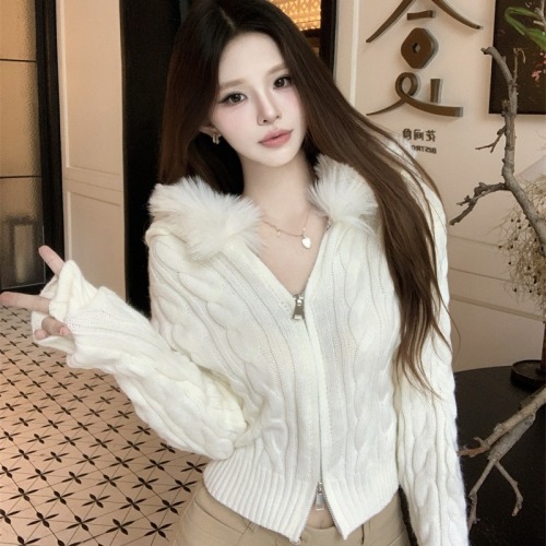 Live shot~ Gentle Hooded Zipper Sweater Winter New Elegant Slimming Short-Sleeve Knit Top