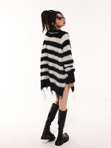 Lazy-style Soft, Fluffy Faux Mink-Fleece Zip-Neck Off-Shoulder Sweater for Women – Thickened, Loose-Fitting, Striped Knit Design for Spring and Autumn Outdoor Wear