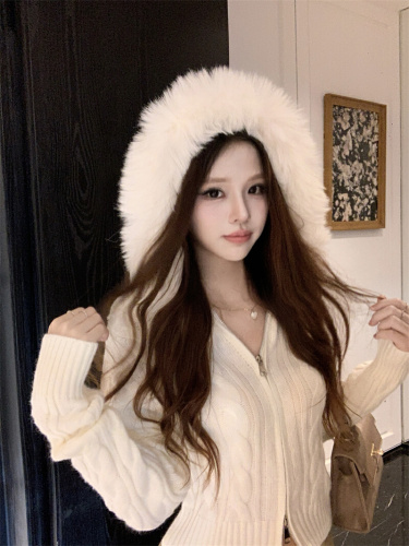 Live shot~ Gentle Hooded Zipper Sweater Winter New Elegant Slimming Short-Sleeve Knit Top