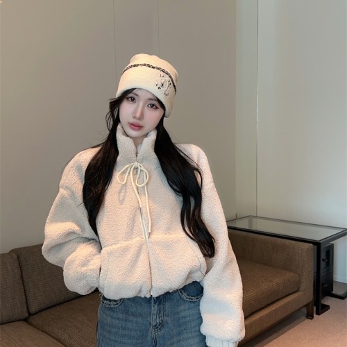 Photographed~ Lamb's wool standing collar zipper short sleeve open jacket 2025 autumn winter new loose quilted and thickened