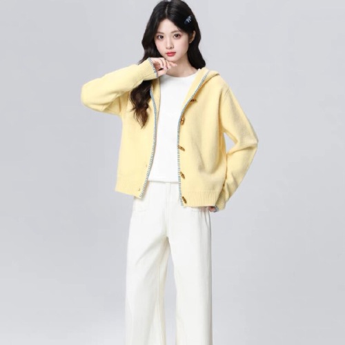 Yellow Hooded Knit Cardigan for Women 2025 Autumn New Loose Casual Style Cowhide Button Sweater Jacket Top