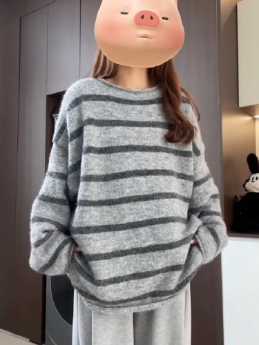High-end plus-size women's clothing 2025 autumn and winter new striped loose lazy style color-blocked cashmere sweater