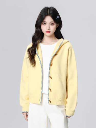 Yellow Hooded Knit Cardigan for Women 2025 Autumn New Loose Casual Style Cowhide Button Sweater Jacket Top