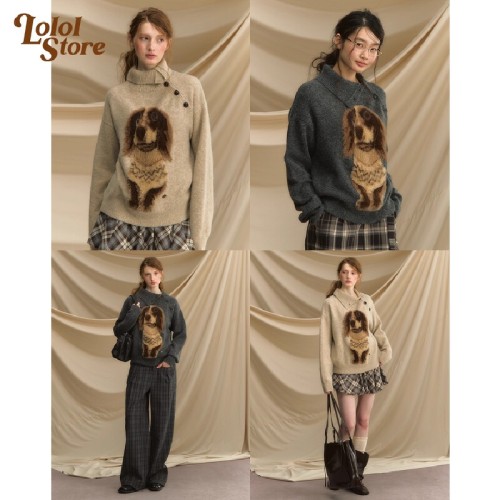 Knit sweater for women, autumn dog-themed, retro loose and lazy style, outerwear.