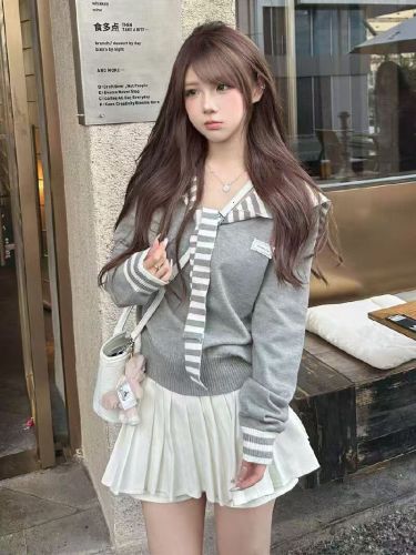 Sweet Age-Defying Personality Striped Navy Collar Long-Sleeve Knit Top for Women 2025 Autumn New Arrival Gentle Lazy Style Upper Garment