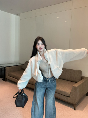 Photographed~ Lamb's wool standing collar zipper short sleeve open jacket 2025 autumn winter new loose quilted and thickened