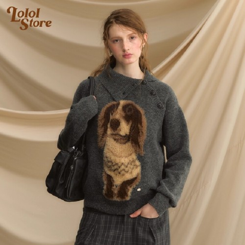 Knit sweater for women, autumn dog-themed, retro loose and lazy style, outerwear.