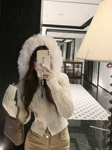 Live shot~ Gentle Hooded Zipper Sweater Winter New Elegant Slimming Short-Sleeve Knit Top