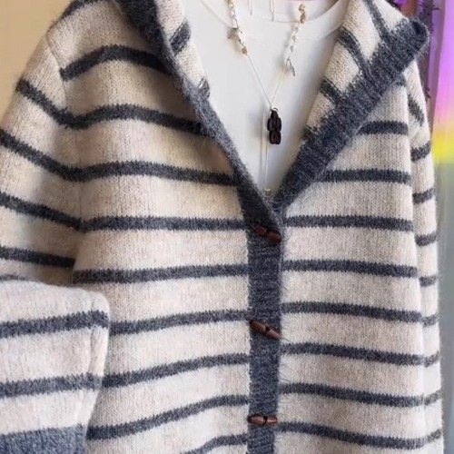 Lazy Striped Hooded Knit Cardigan for Women - Unique 2025 Autumn/Winter New Style, Pretty Loose Youthful Sweater Coat