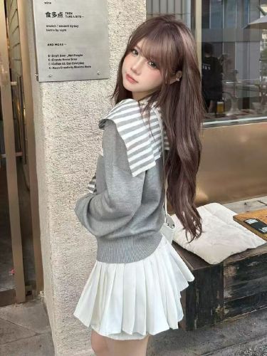 Sweet Age-Defying Personality Striped Navy Collar Long-Sleeve Knit Top for Women 2025 Autumn New Arrival Gentle Lazy Style Upper Garment