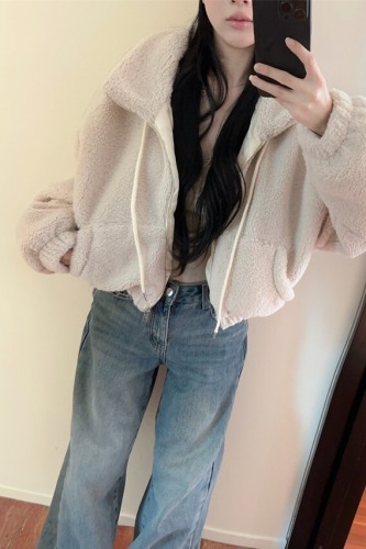 Photographed~ Lamb's wool standing collar zipper short sleeve open jacket 2025 autumn winter new loose quilted and thickened