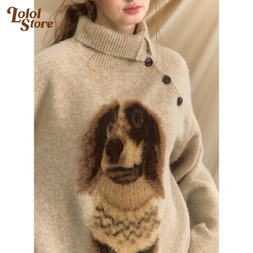Knit sweater for women, autumn dog-themed, retro loose and lazy style, outerwear.