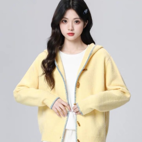 Yellow Hooded Knit Cardigan for Women 2025 Autumn New Loose Casual Style Cowhide Button Sweater Jacket Top