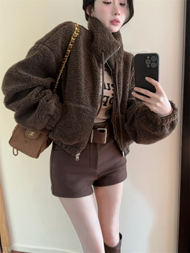 Photographed~ Lamb's wool standing collar zipper short sleeve open jacket 2025 autumn winter new loose quilted and thickened