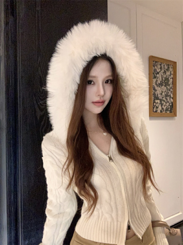 Live shot~ Gentle Hooded Zipper Sweater Winter New Elegant Slimming Short-Sleeve Knit Top