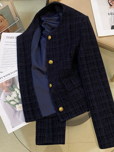 Women's 2025 Spring New Trend Navy Blue Small Perfume Style Suit Jacket for Stylish Casual Small Women's Top