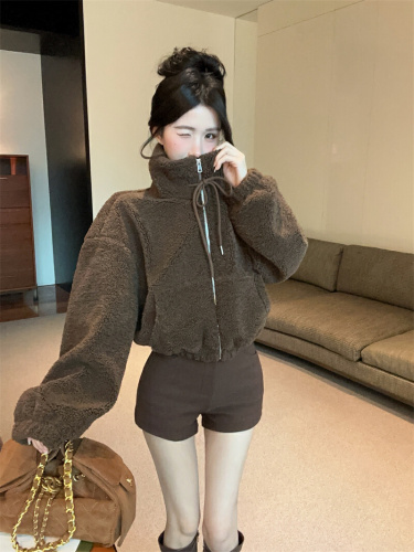 Photographed~ Lamb's wool standing collar zipper short sleeve open jacket 2025 autumn winter new loose quilted and thickened