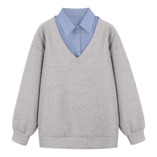 Official Illustration Pure Cotton Splicing V-Neck Shirt Sweatshirt Academic Style Asymmetrical Design Unique Fashion Top