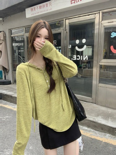 Photographed! Autumn Simple Loose Elegant T-shirt Top Versatile Korean Style Soft and Cute Half-Open Collar Hooded Sweatshirt