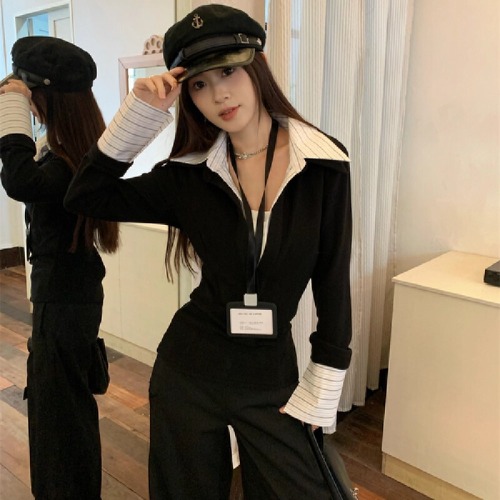 Women's Spring and Autumn Knit Sweater with Placket, Two-Piece Style, Long Sleeve, Fitted and Slimming
