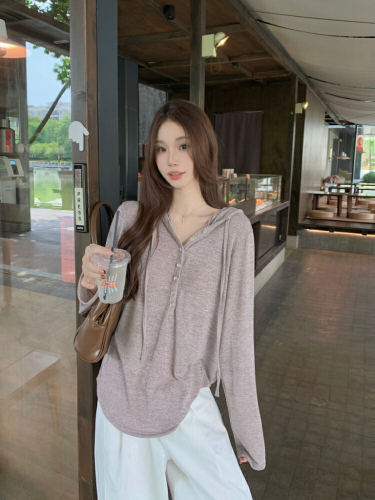 Photographed! Autumn Simple Loose Elegant T-shirt Top Versatile Korean Style Soft and Cute Half-Open Collar Hooded Sweatshirt