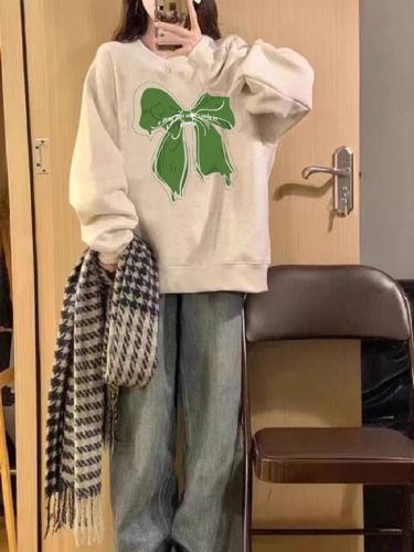 Women's Capless Print Crew Neck Sweatshirt 2025 New Retro High-End Loose American Style Top