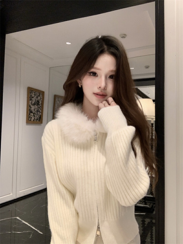 Photo shoot~ American retro faux fur vertical striped knit coat for women, autumn and winter lazy style loose sweater for women