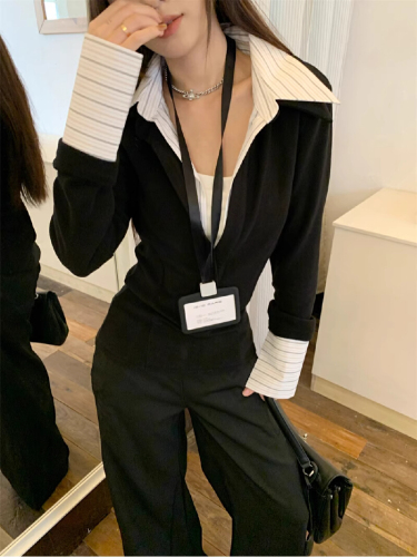 Women's Spring and Autumn Knit Sweater with Placket, Two-Piece Style, Long Sleeve, Fitted and Slimming